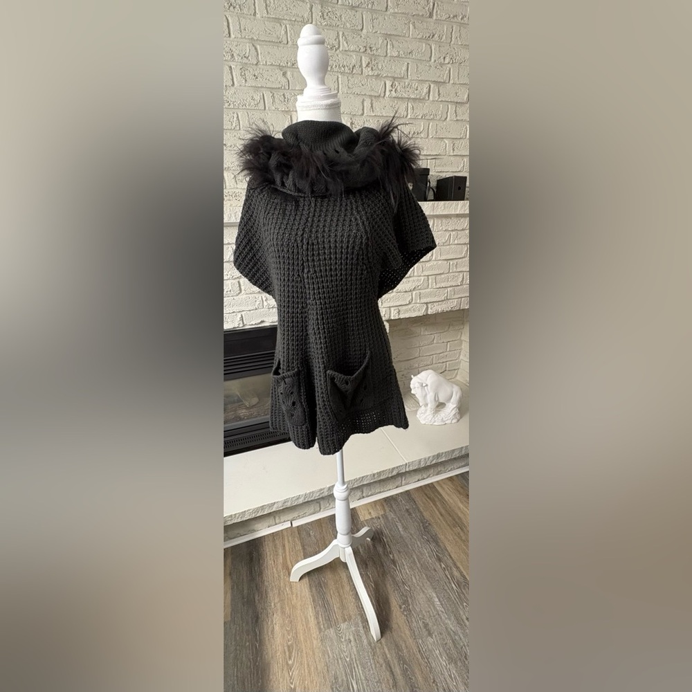 Casa Donna Faux Fur Trim Knit Poncho Sweater Charcoal Grey One Size